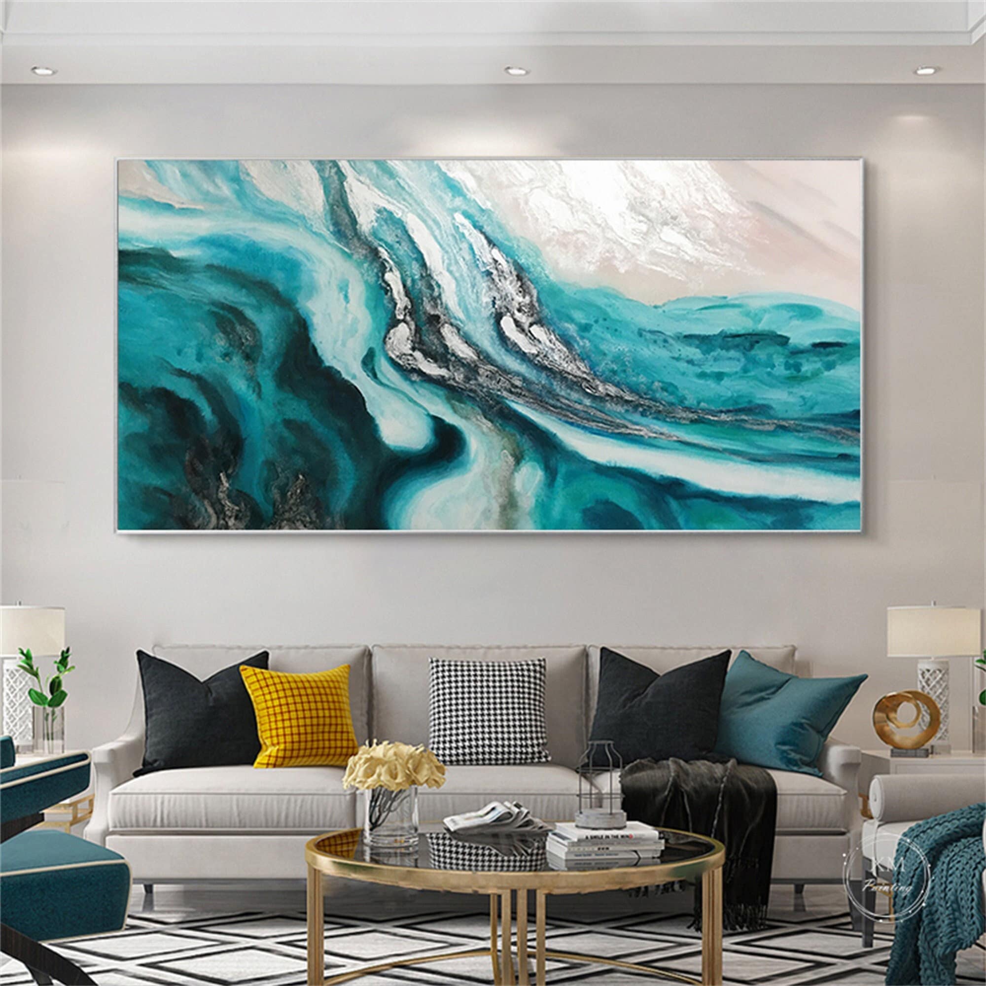 Abstract Painting Teal Canvas Wall Art for Living Room Wall Etsy