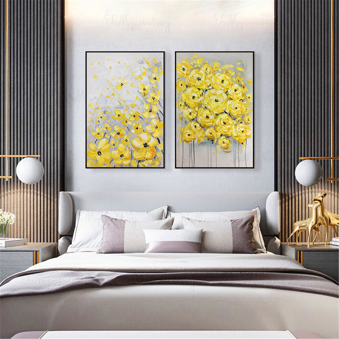 2 Pieces Yellow Flower Framed Abstract Painting Canvas Wall Etsy