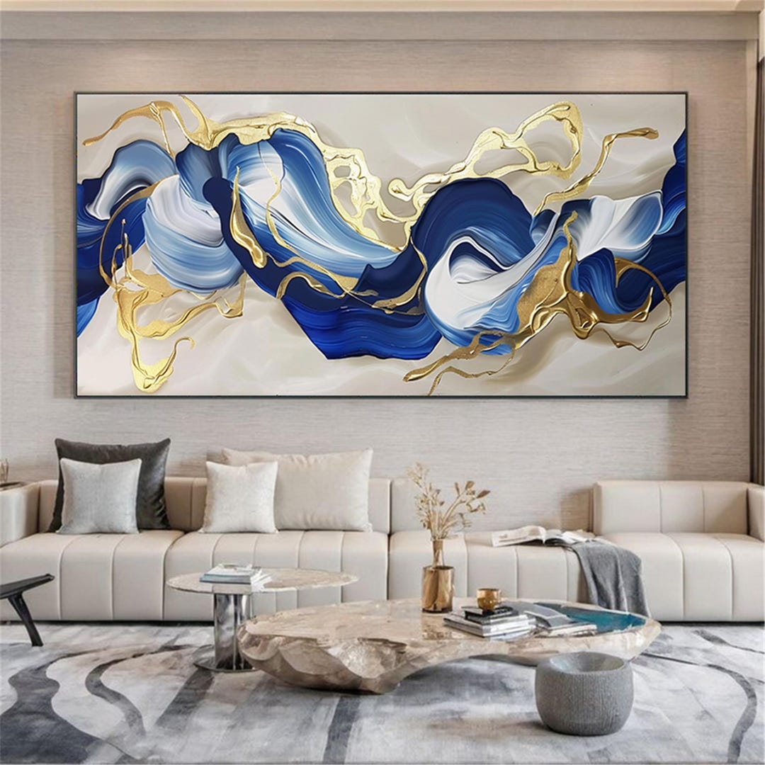 Gold Leaf Navy Blue Abstract Painting, Modern Acrylic Wall Art Iving ...