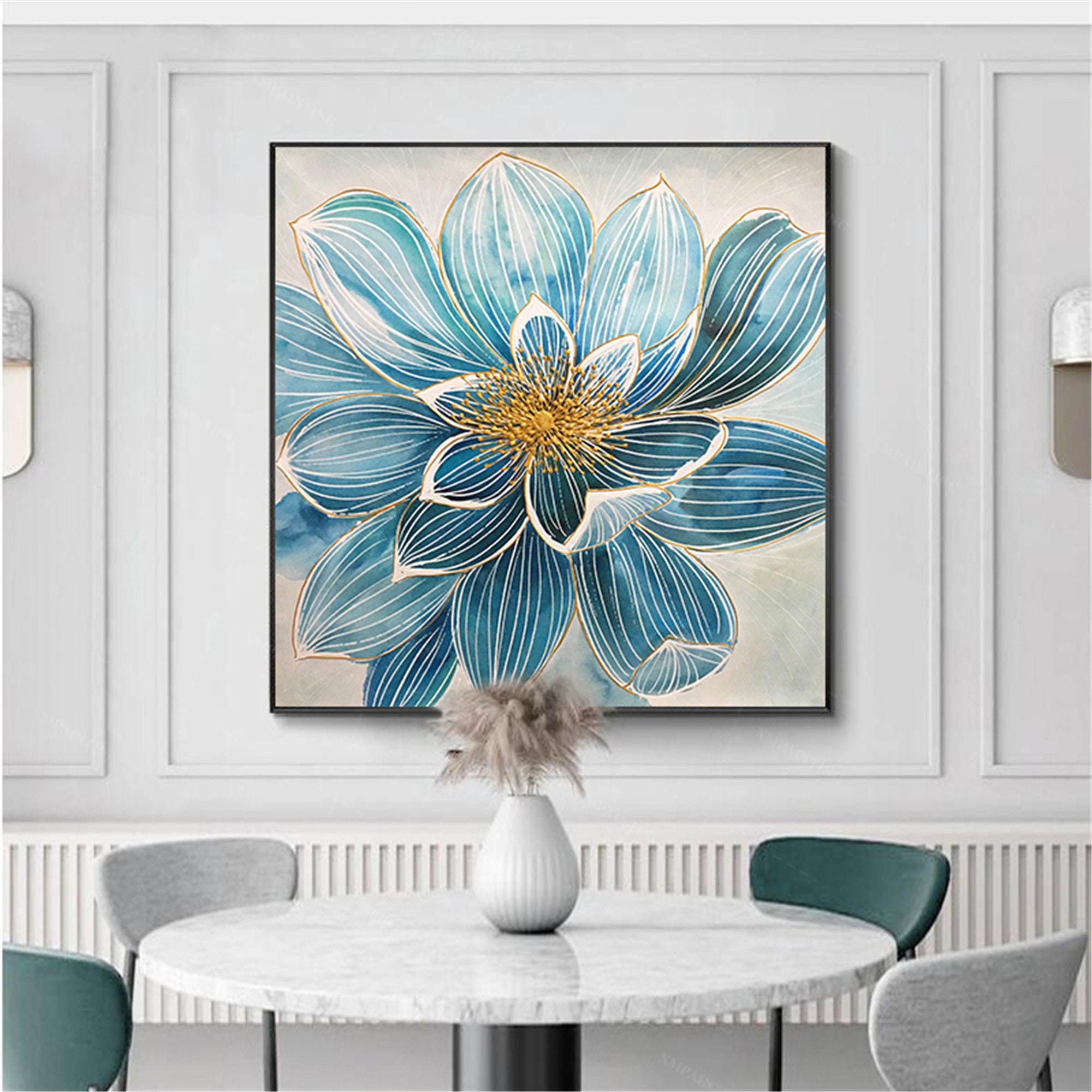 Framed Gold Lines Abstract Flower Painting Handmade Canvas - Etsy
