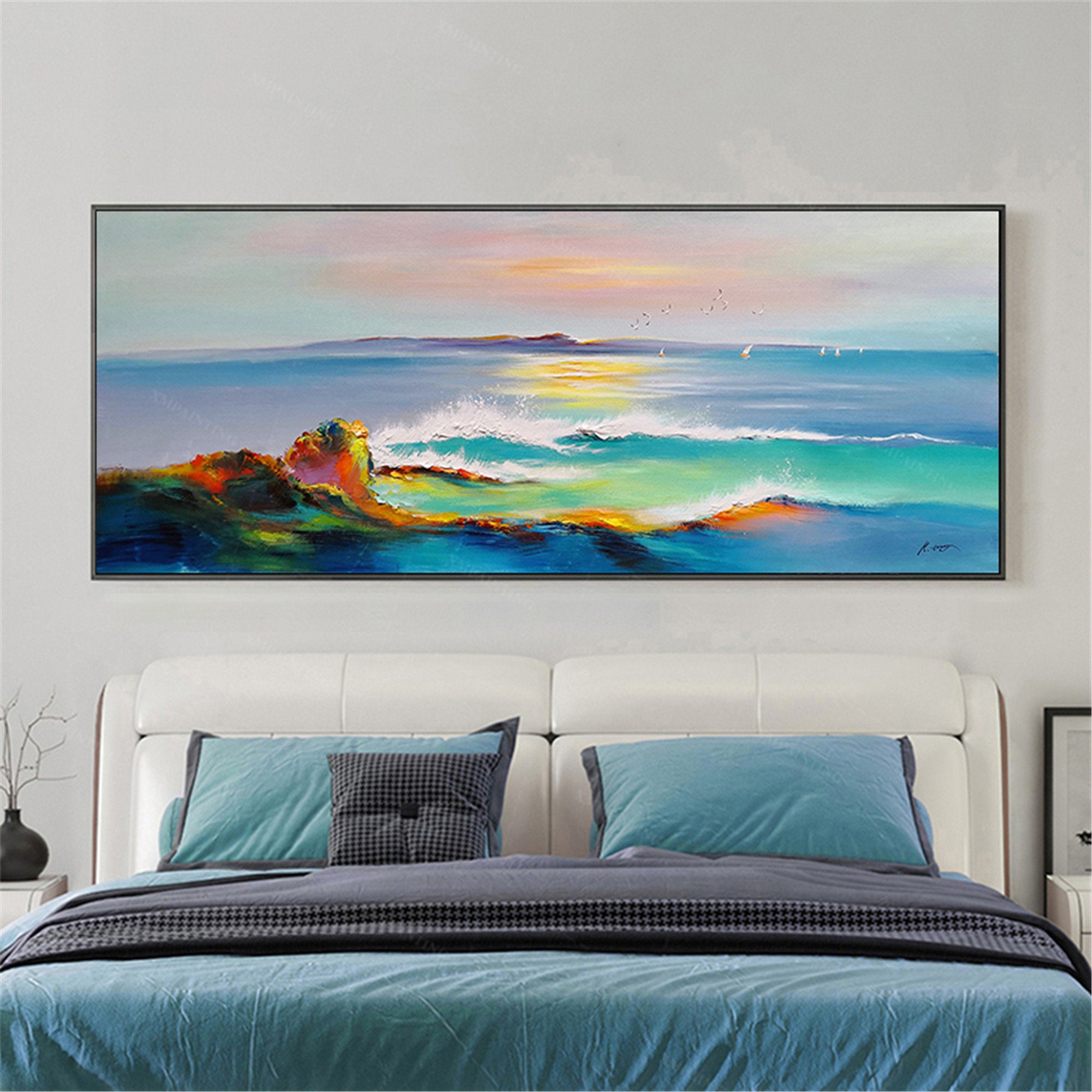 Teal sea Abstract painting canvas wall art pictures for living Etsy