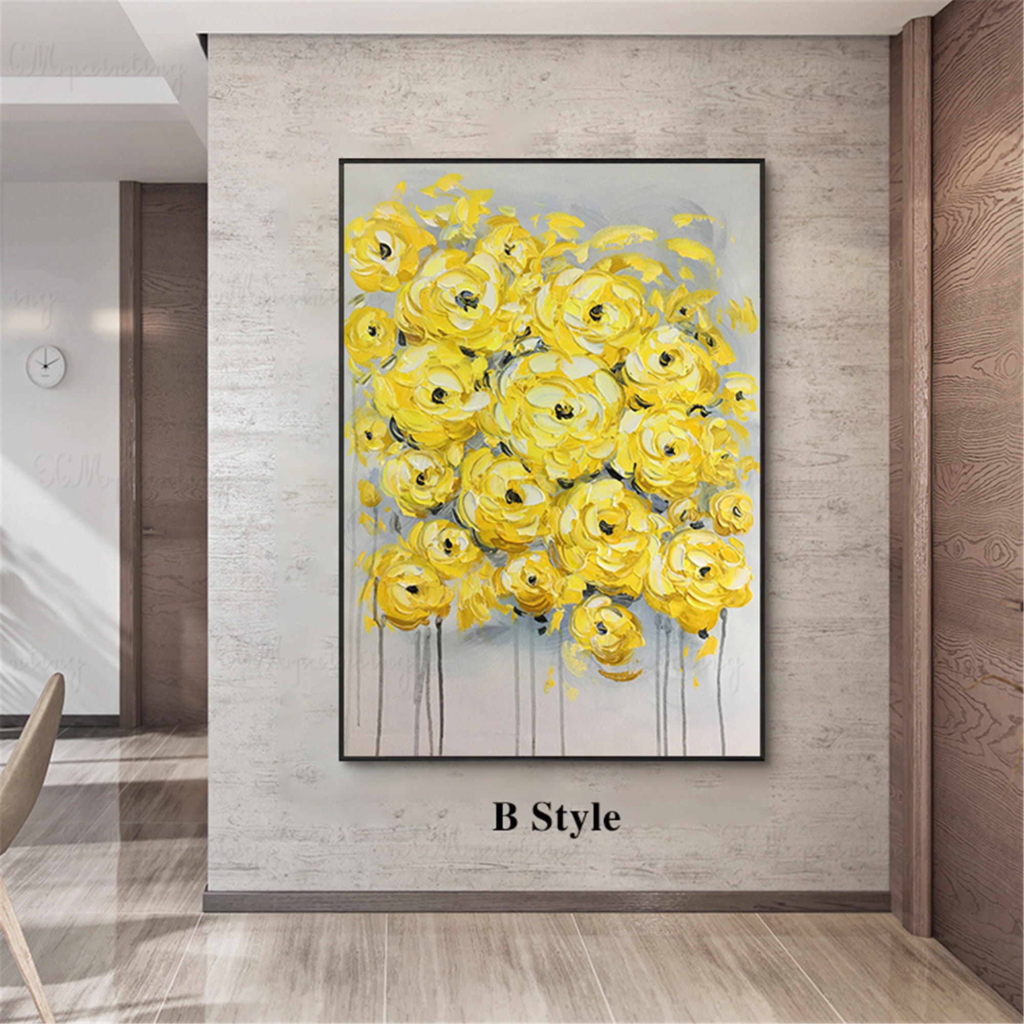 2 pieces yellow flower framed abstract painting canvas wall Etsy