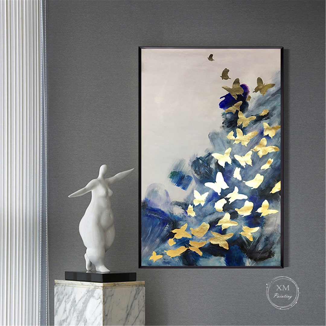 Gold Leaf Butterfly Abstract Painting on Canvas Navy Blue Acrylic Wall