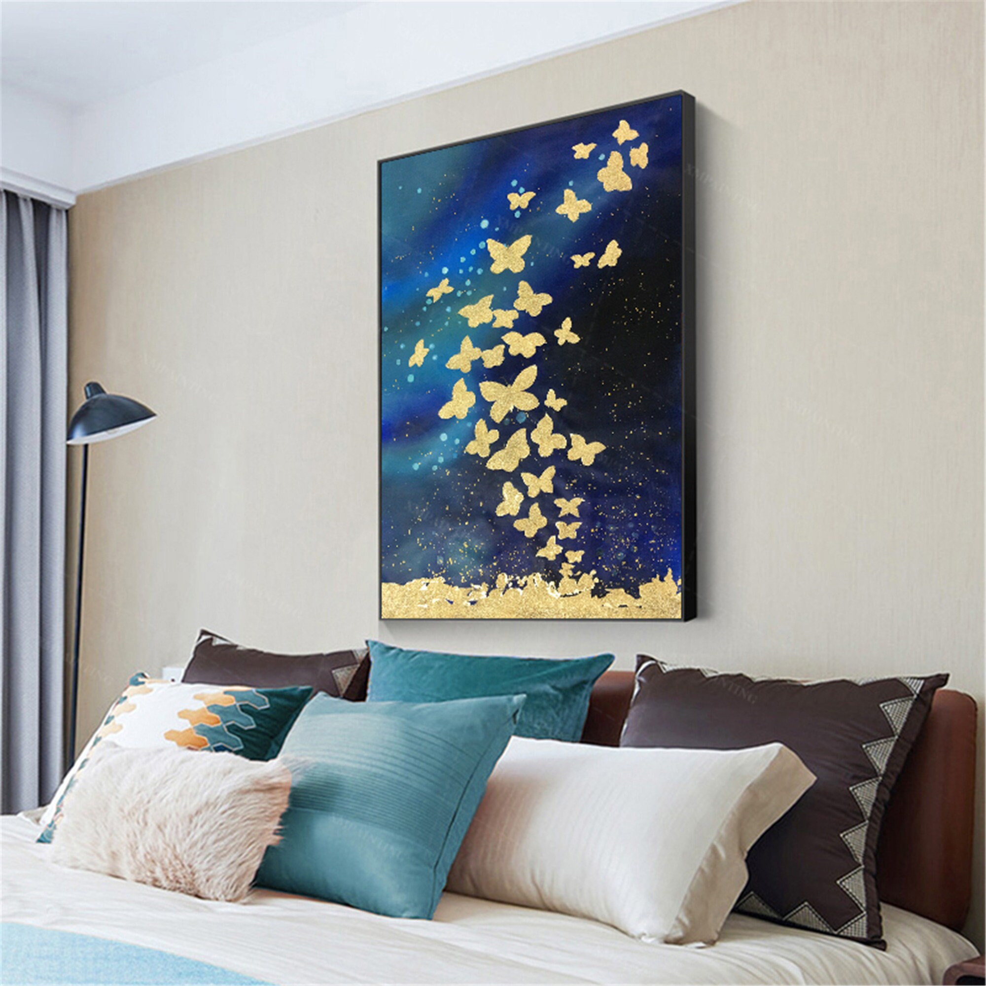 Navy blue Acrylic abstract painting frame canvas wall art for Etsy