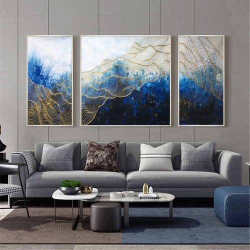 Gold Line Navy Blue Abstract Painting on Canvas Wall Art - Etsy