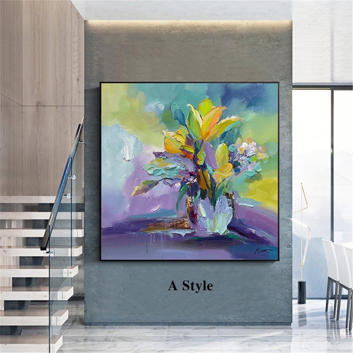 2 pieces framed abstract painting green canvas flower wall art Etsy