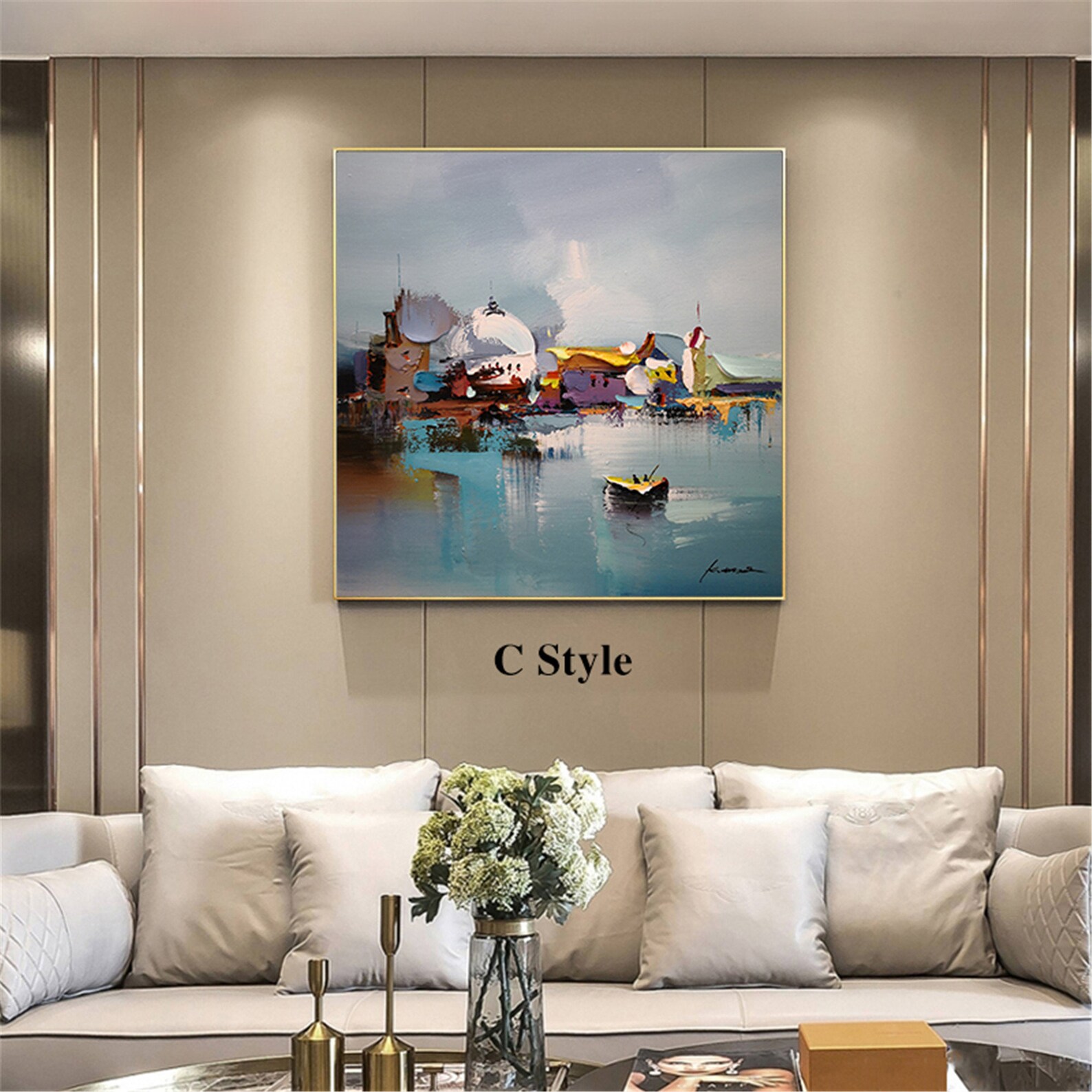 2 Pieces Teal Color Abstract Framed Painting Canvas Wall Art Etsy