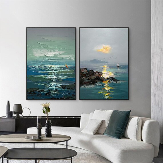 2 Pieces Blue Abstract Painting on Canvas Wall Art Framed for Etsy