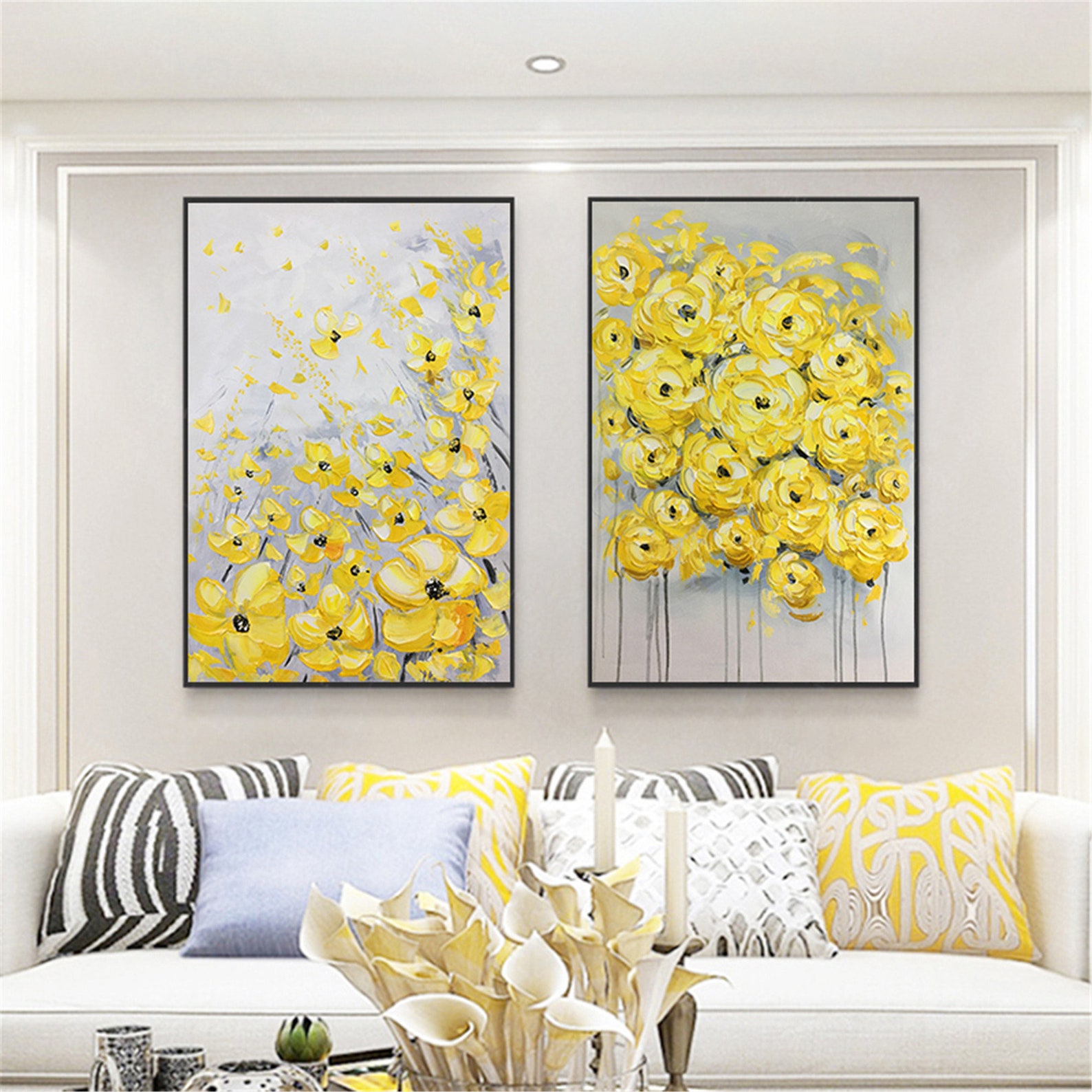 2 pieces yellow flower framed abstract painting canvas wall Etsy