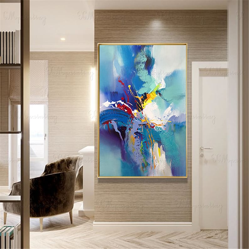 Original Teal Color Abstract Painting on Canvas Wall Art Frame Etsy