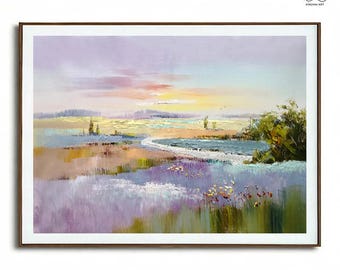 Pintura abstracta original de paisaje, obra de arte con textura acrílica púrpura para decoración de paredes en el hogar y la oficina.
