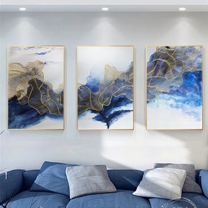3Dtexture wall art,3 panels abstract painting on canvas,acrylic painting,wall painting for living room Framed gold lines navy blue art gifts