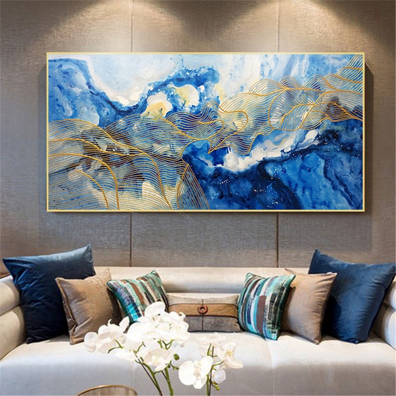 Gold line framed abstract painting wall art canvas picture for Etsy