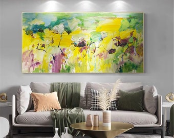 original acrylic abstract flowers Painting on canvas framed wall art living room art Xingmai wall painting 3Dtexture green yellow spring art