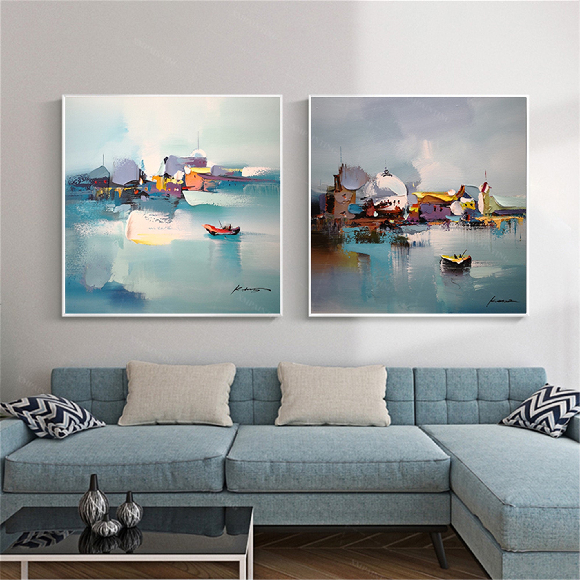 2 pieces teal color abstract framed painting canvas wall art Etsy