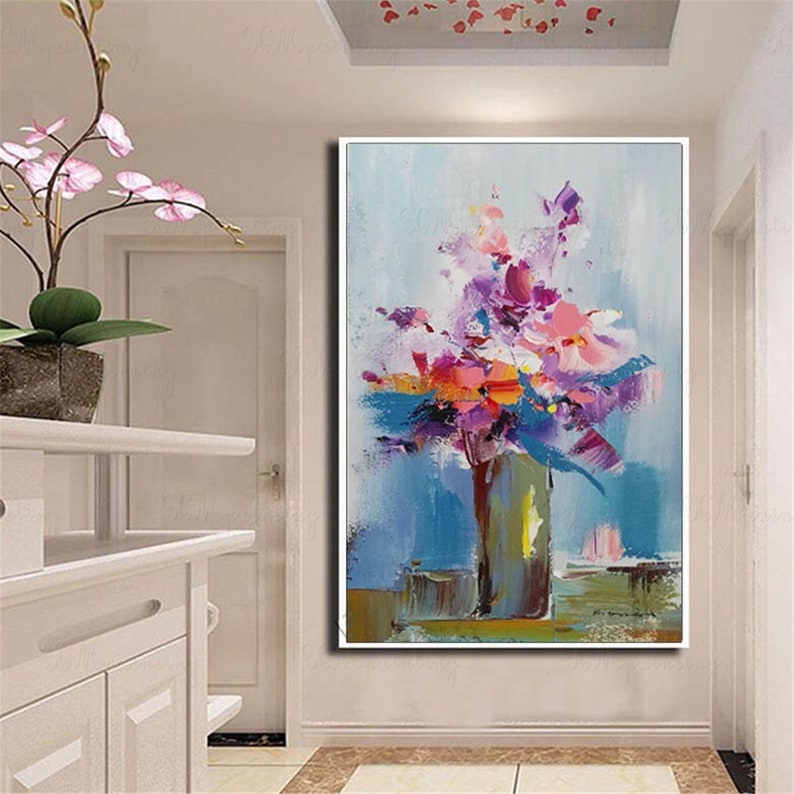 Pink Flowers Canvas Wall Art Framed Abstract Painting for Etsy
