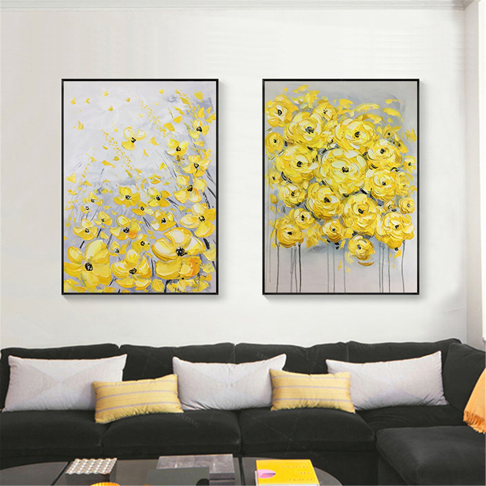 2 Pieces Yellow Flower Framed Abstract Painting Canvas Wall Etsy