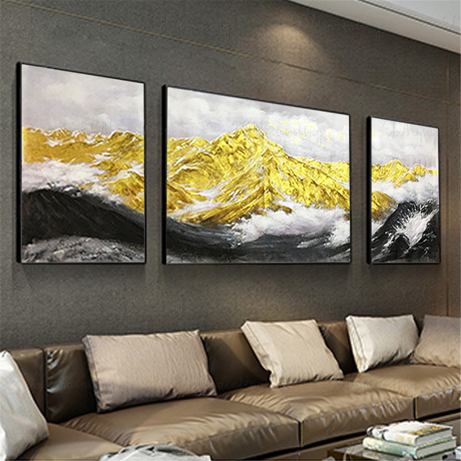 3 pieces gold art painting canvas wall art pictures for living Etsy