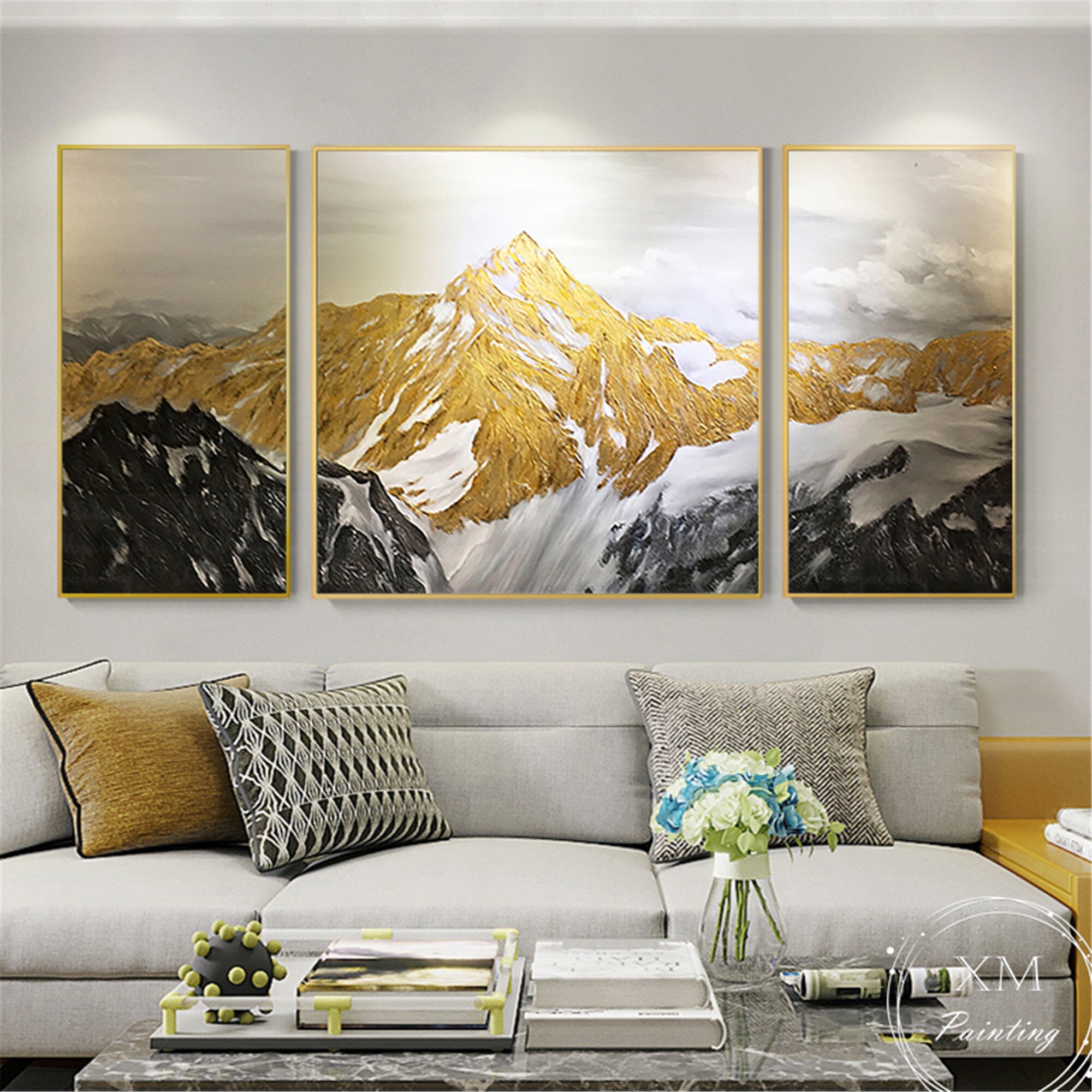 3 Pieces Gold Art Abstract Painting on Canvas Wall Art Framed - Etsy