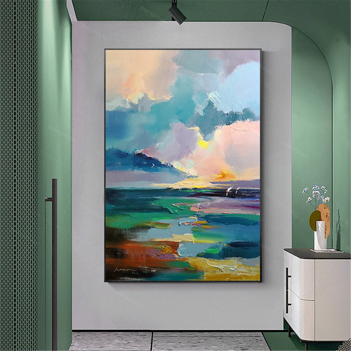 Teal color abstract painting canvas wall art for living room Etsy