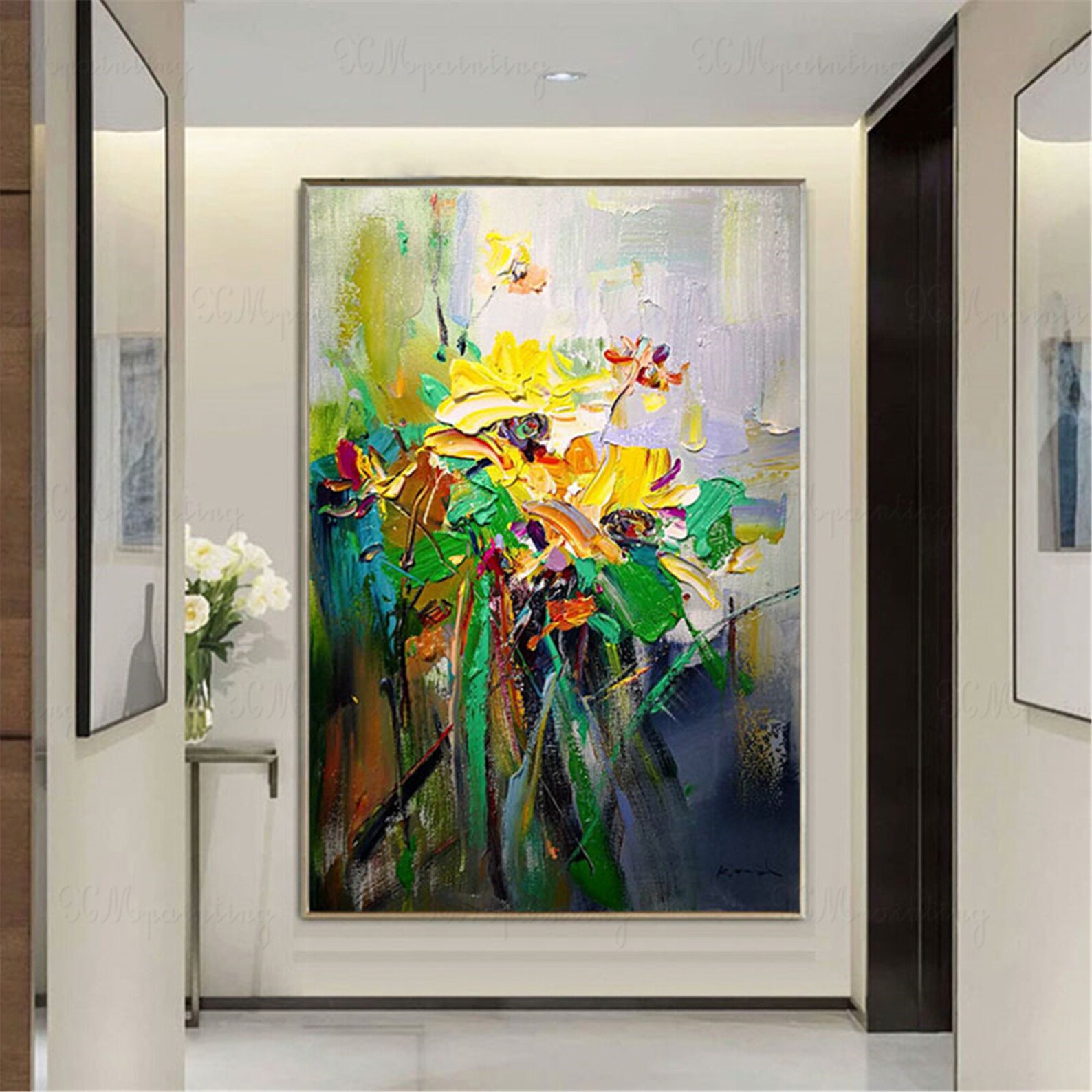 Green canvas wall art Abstract flower painting frame wall Etsy
