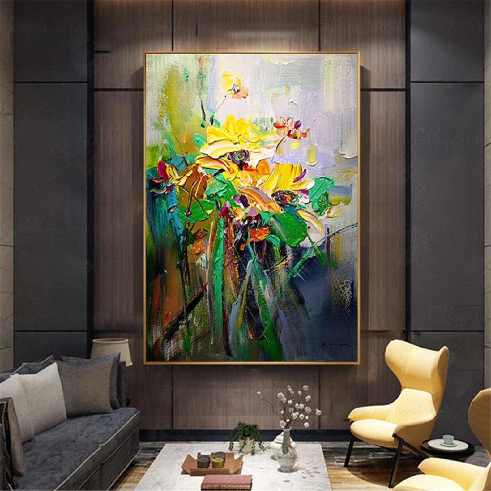 Green canvas wall art Abstract flower painting frame wall Etsy