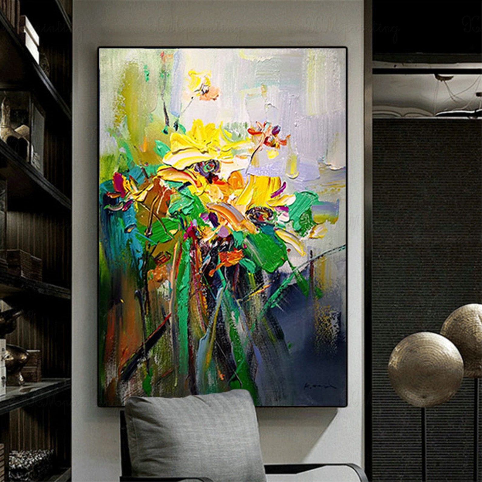 Green canvas wall art Abstract flower painting frame wall Etsy