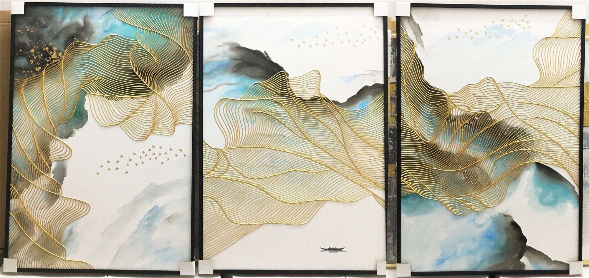 3 pieces gold lines abstract Framed painting canvas wall art Etsy