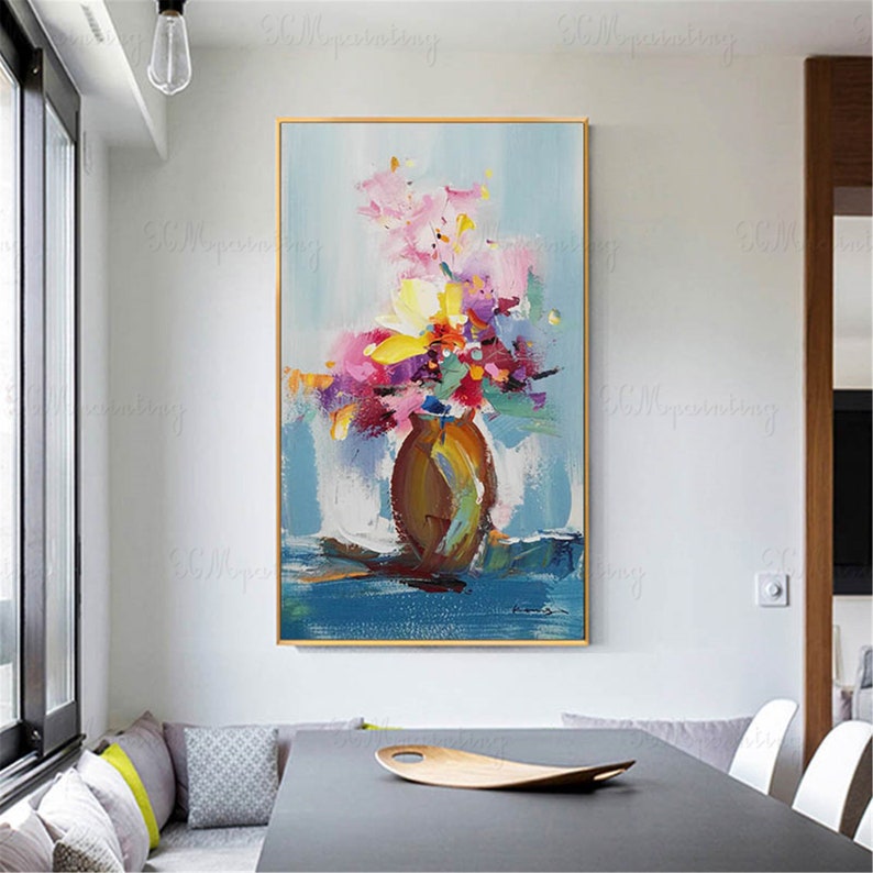 Light blue Abstract flower painting wall art pictures for Etsy
