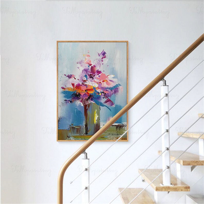 Pink Flowers Canvas Wall Art Framed Abstract Painting for Etsy