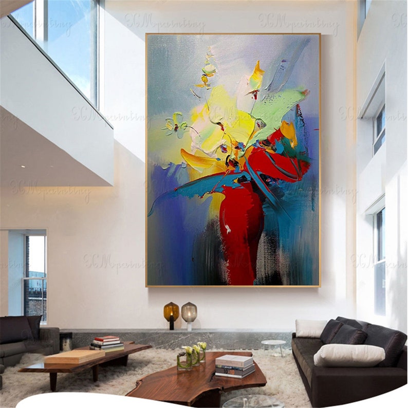 Navy Blue Flowers Abstract Painting Framed Canvas Wall Art for Etsy