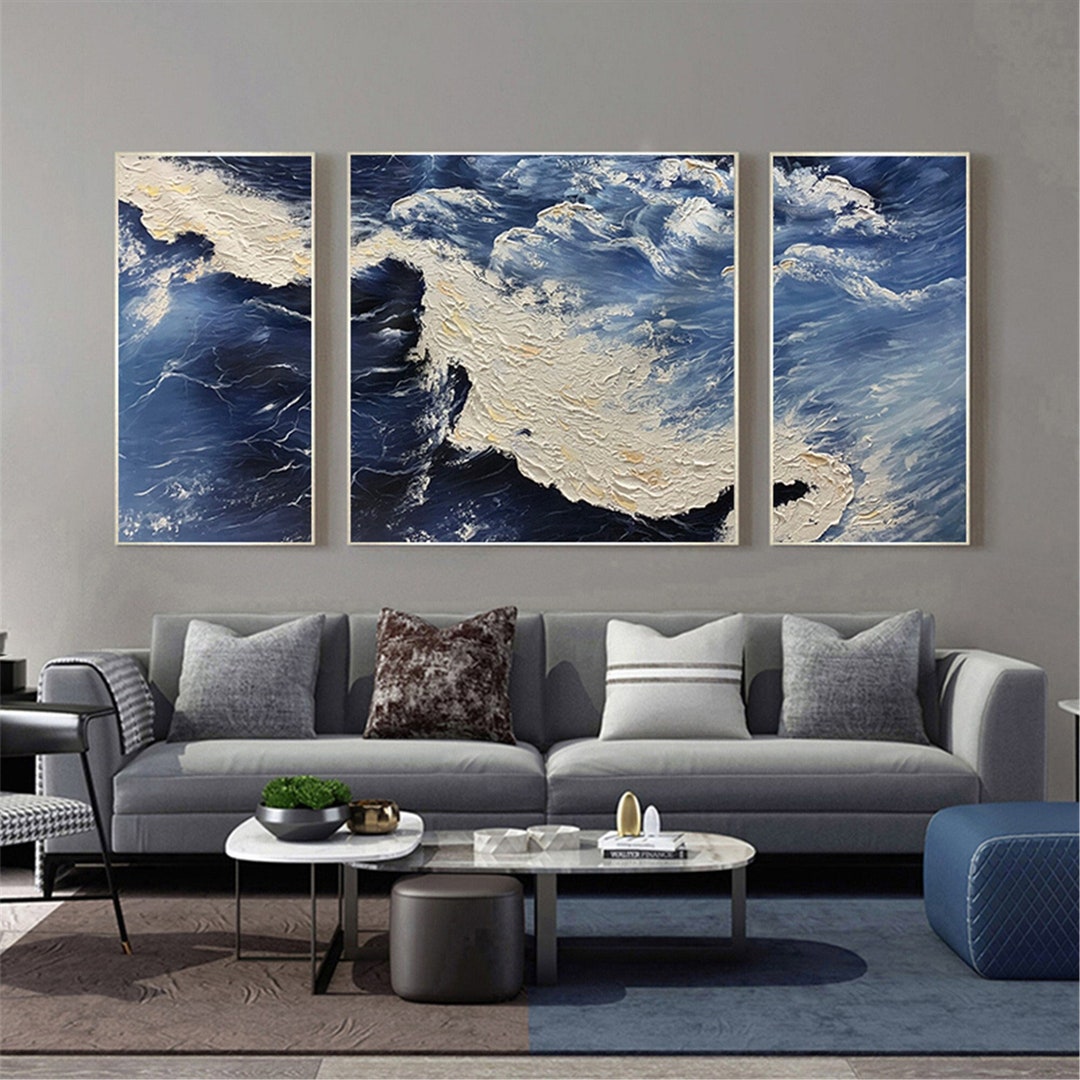 3 Piece Blue Abstract Painting on Canvas Framed Acrylic Painting ...