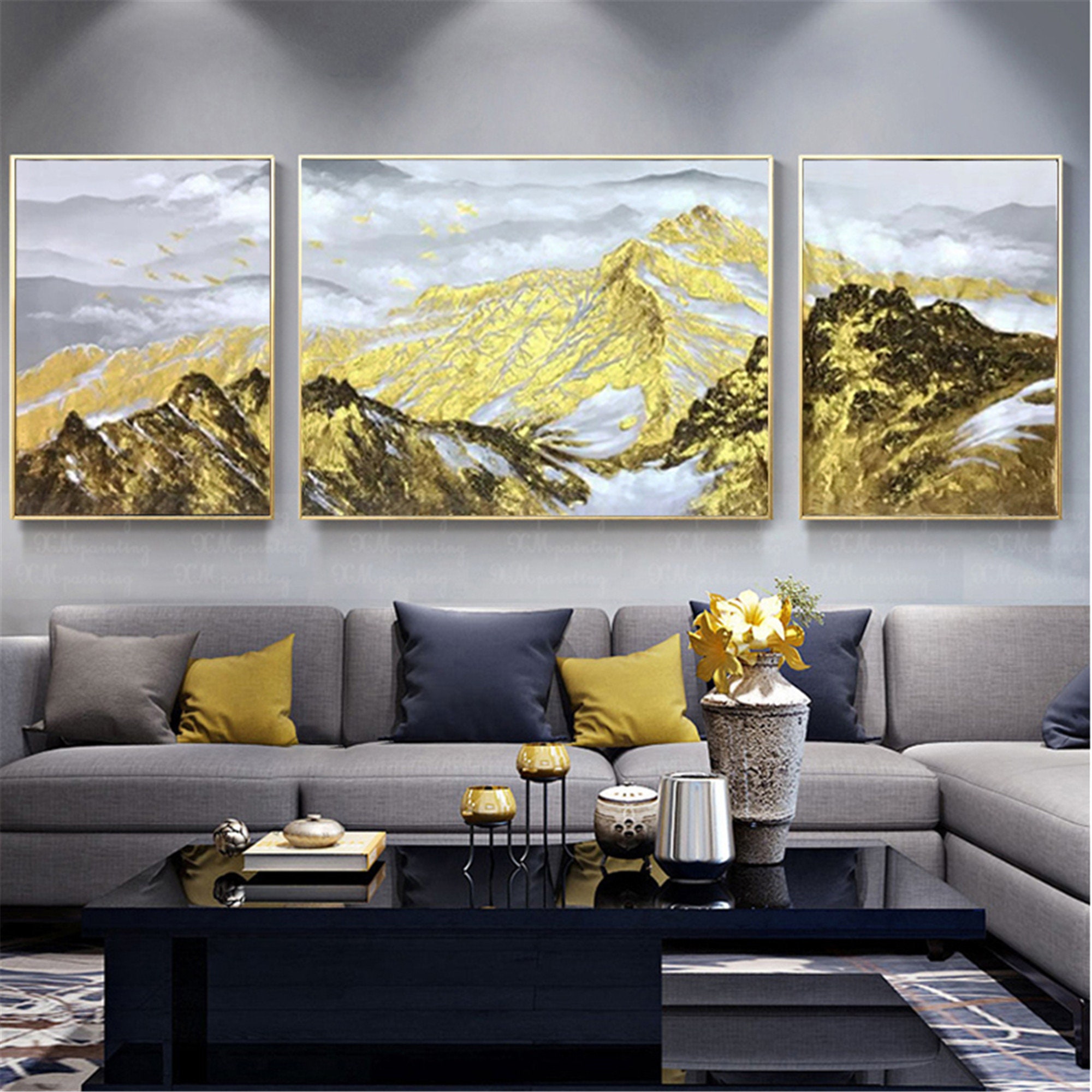 3 Pieces Gold Art Abstract Canvas Painting Wall Art Pictures Etsy