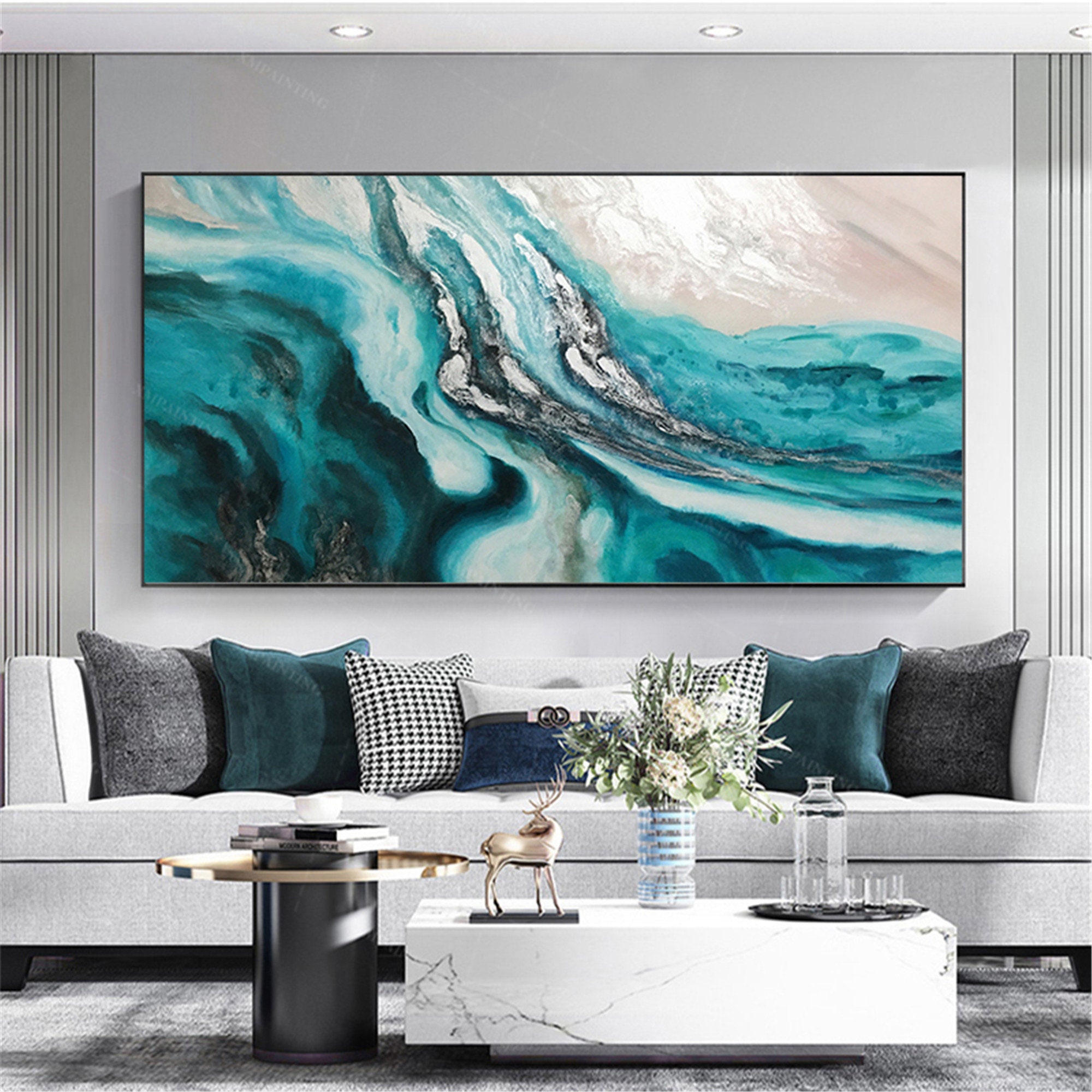 Abstract painting teal canvas wall art for living room wall Etsy