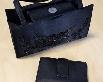 Women's Black on Black Beaded Evening Bag / Purse and Leather Wallet Set - Free USA Shipping!