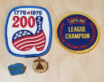 Vintage Cloth Embroidered Florida Bowling Patches, 1776 Bicentennial & High Score Bowling Metal Pin Awards