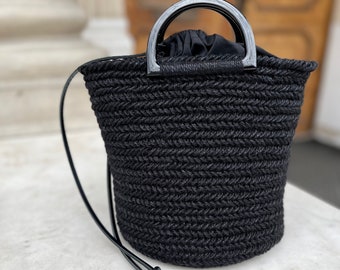 Black bucket bag Straw handbag Boho summer handbag