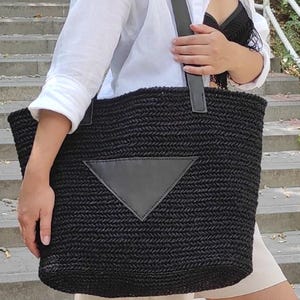 Summer woven tote bag Large straw black beach bag