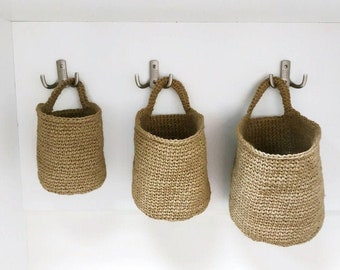 Jute baskets Boho bathroom Set 3 Wall hanging storage baskets Hygge decor
