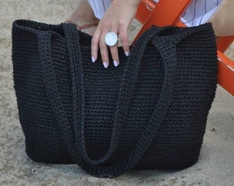 Black straw beach bag Large beach bag Market tote bag jute