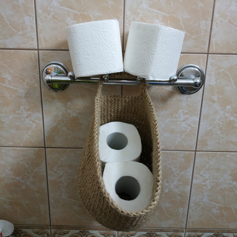 Hanging toilet paper holder for wall Rustic jute storage Etsy