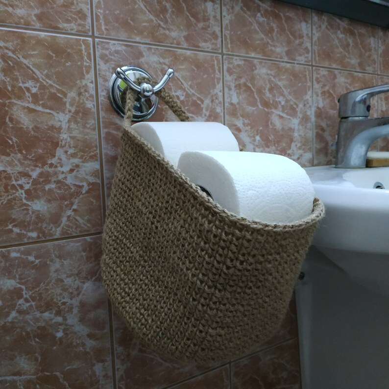 Hanging toilet paper holder for wall Rustic jute storage Etsy