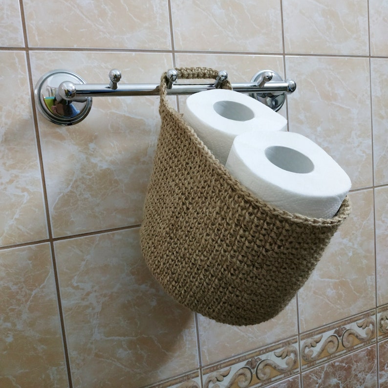 Hanging toilet paper holder for wall Rustic jute storage Etsy