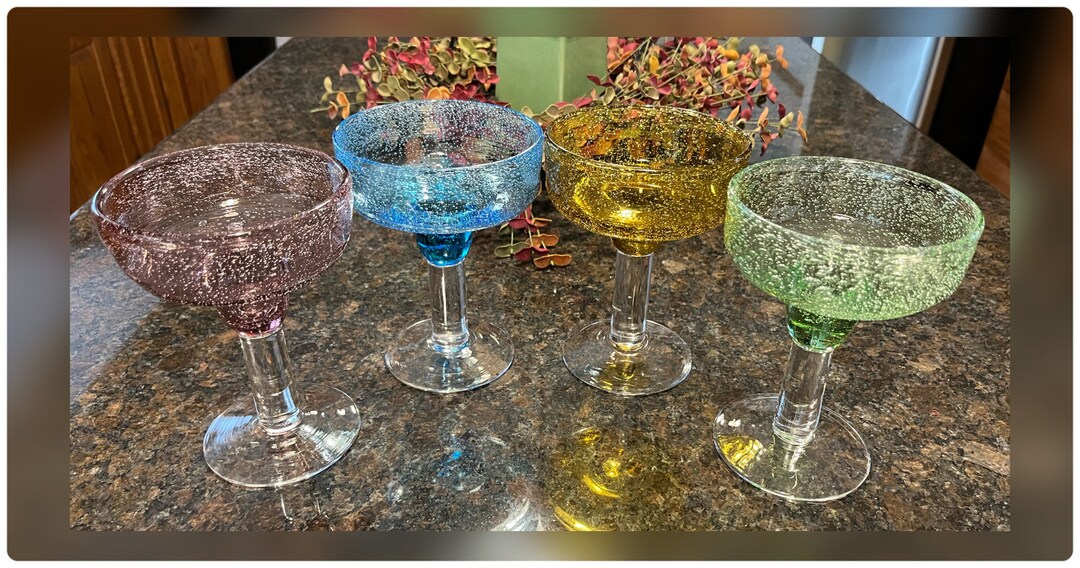 Mexican Hand Blown Bubble Margarita Glassesmulticolored Set Etsy