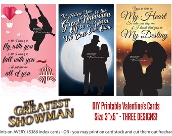 3 pack Valentines Cards Greatest Showman 3x5 DIY Printables Digital Download