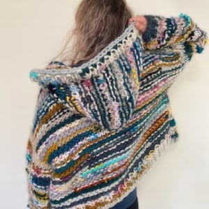 Chunky Knitting Pattern - Scrap Heap Hoodie - Beginner Cardigan Pattern - Hooded Cardigan Pattern