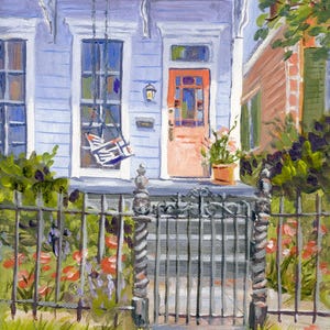 New Orleans Wall Art - Historic Shotgun House Print - Louisiana Art - Blue Shotgun House with Orange Door and Iron Fence with Gate