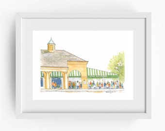 May include: A watercolor painting of a yellow building with a green awning and a line of people waiting outside. The building has a sign that says "Cafe du Monde".
