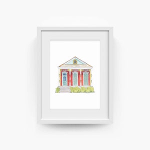New Orleans Art Print - Shotgun Three Bay House - Louisiana Watercolor Art Print - Red House with Blue Shutters