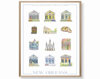 May include: A watercolor illustration of New Orleans landmarks, including a streetcar, a church, and a house with a balcony. The text "Do you know what it means to miss New Orleans?" is printed at the top of the image.